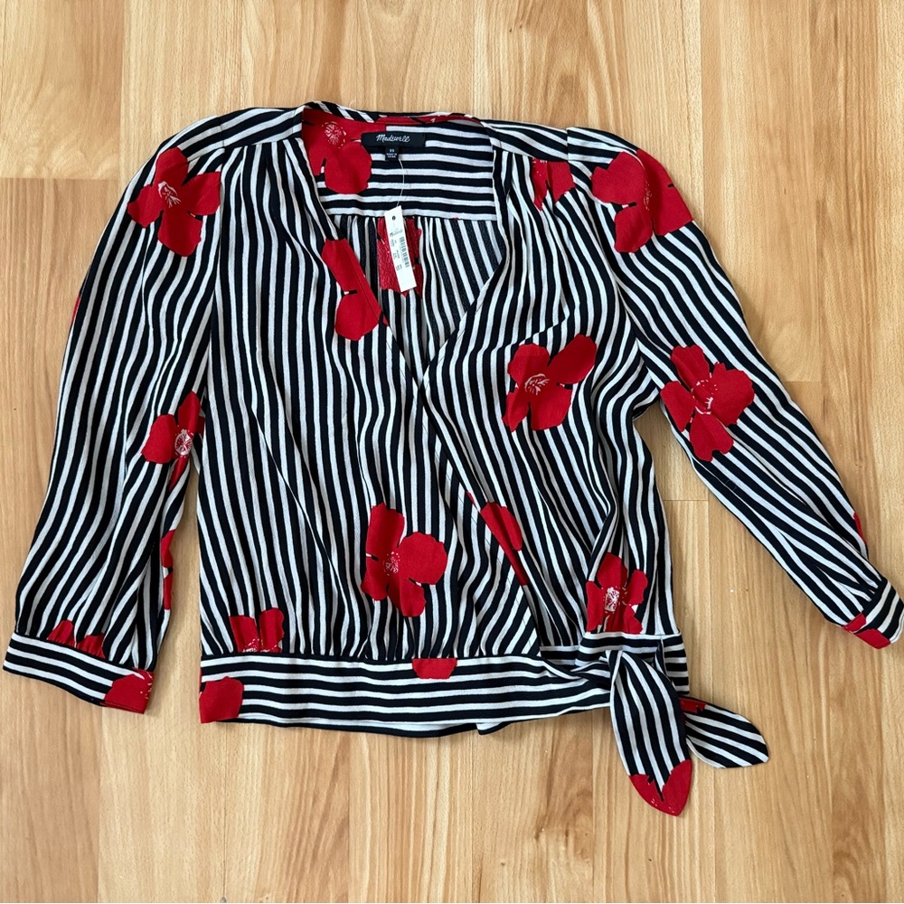 Madewell Black and White Striped Wrap Top Red Orchids